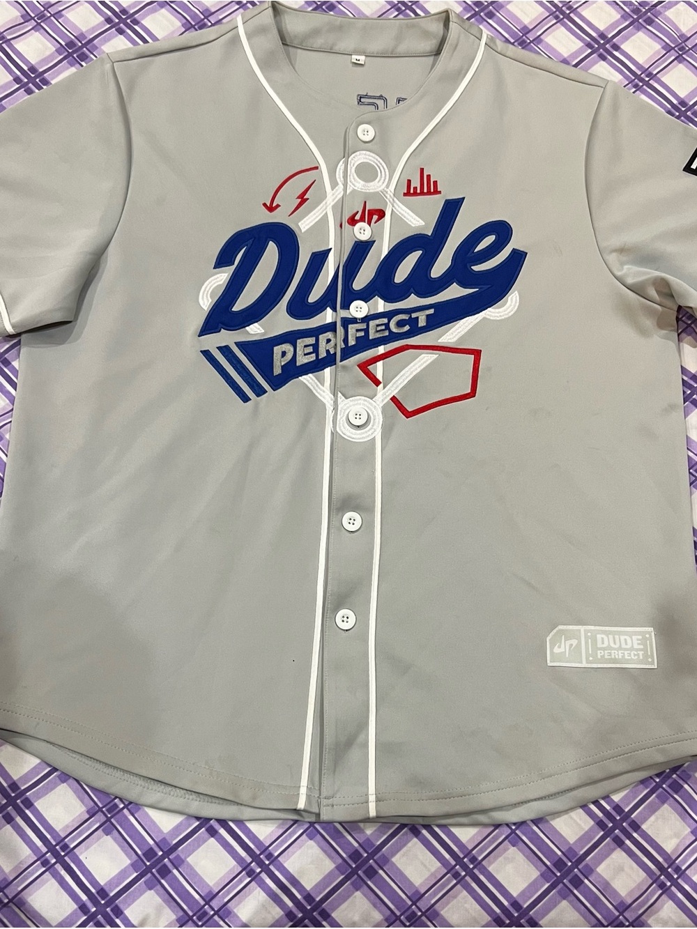 Dude Perfect Men’s Gray Baseball Jersey with Blue & Red Logo